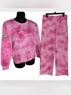 VON DUTCH LARGE PINK TIE DYE FLEECE TRACKSUIT SWEATSUIT NWT